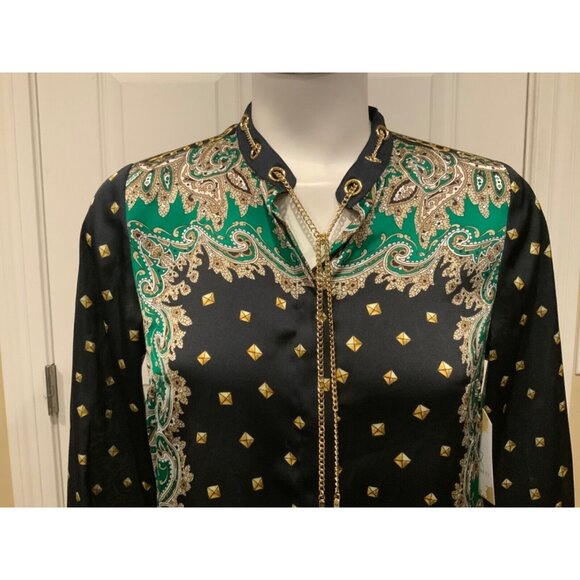 Michael Kors Navy Blue Tan Green Geometric Paisley Dress W/ Chain Size XS, NWT! - Picture 2 of 11